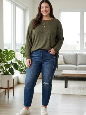 Market & Spruce Green Brushed Knit Crewneck Pullover Sweater Ruched Side Tie 1X